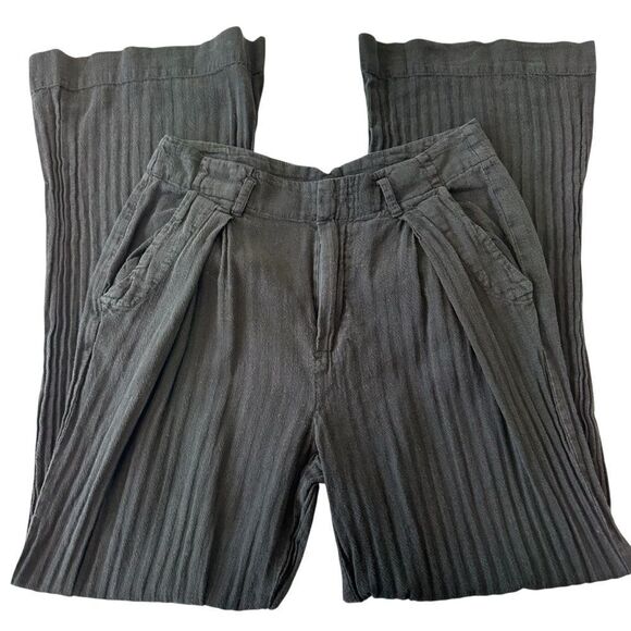 Free People Linen Blend Ribbed Flare Leg Pleated Trouser Pants, S - Picture 1 of 9